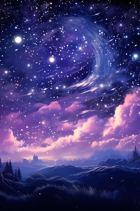 A dark meadow can be seen with castles in the distance. The night sky is filled with  swirls of dark purple and light pink clouds. The stars are mixed together forming a moon shape similar to Van Gough's A Starry Night. Dark Purple Aesthetic Background, Costumes At Home, Dreamy Night Sky, Starry Night Wallpaper, Dreamy Night, Night Sky Art, Purple Aesthetic Background, Tarot Journal, Night Sky Wallpaper