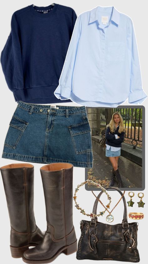 fall outfit inspo with denim skirt, crewneck sweater, button down, leather boots and bag, and gold jewelry Jean Skirt Casual Outfit, Blue Denim Skirt Outfit Winter, Chic Denim Skirt Outfit, Denim Jacket Mini Skirt Outfit, Skirt Jeans Outfit Winter, Denim Skirt Christmas Outfit, Denim Skirt And Stockings Outfit, Denim Skirt Outfit Ideas Winter, Skirt Tights And Boots Outfit