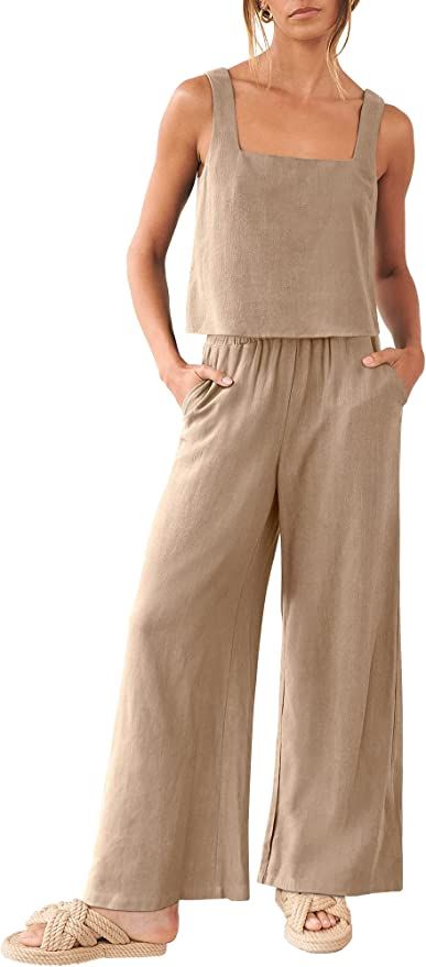 2 Piece Outfit Set Summer, Linen Pants Pattern, Matching Lounge Set, Long Pant Jumpsuit, Pants Jumpsuit, Tank Crop Top, Clothing Staples, Linen Tank, Europe Fashion