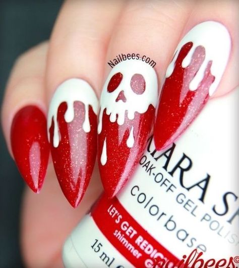 Dark Red Gel Polish, Apple Nail Art, Red Gel Polish, White Gel Polish, Halloween Nail Art Easy, Halloween Nails Easy, Poison Apple, Cute Halloween Nails, Poison Apples