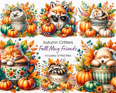 Autumn Critters Fall Mug Friends Bundle | Woodland Animals in Mugs Fall Clipart | Cute Raccoon Fox Hedgehog Cat and Dog Fall Animals by PremiumClipArtClub on Etsy Fall Animals, Autumn Animals, Woodland Animal Art, Fall Drawings, Baby Raccoon, Fall Clipart, Fall Mug, Thanksgiving Art, Cute Raccoon