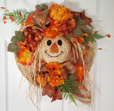 Such a cutie. Scarecrow straw hat wreath. marlas Autumn Hat Craft, Straw Hat Wreaths Front Doors, Straw Hat Scarecrow Wreath, Straw Hat Wreath, Scarecrow Hat Wreath, Straw Hat Crafts, Sunflower Burlap Wreaths, Scare Crow, Scarecrow Crafts