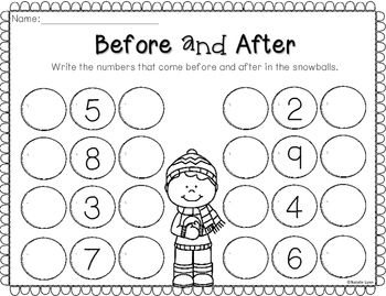 Winter NO PREP Printables - numbers before and after Before And After Kindergarten Math, Before And After Worksheets Kindergarten, What Number Comes Next, Before And After Numbers, Kindergarten Prep, Math Centers Kindergarten, Literacy Worksheets, Winter Kindergarten, Worksheets For Kindergarten