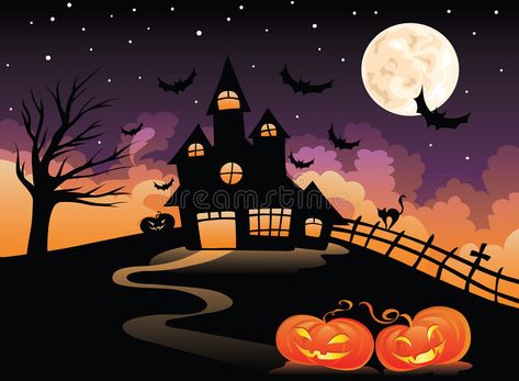 Spooky house. With orange pumpkin and full moon , #Affiliate, #orange, #house, #Spooky, #moon, #full #ad Painting Themes, Halloween Eve, Festival Image, Spooky House, Funny Pumpkins, Halloween Vector, Greeting Card Illustration, Family Holidays, Party Poster