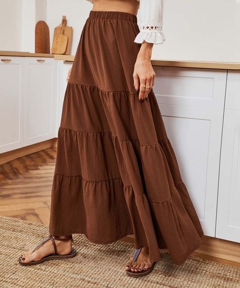 Long Flowy Skirt Outfit, White Lace Maxi Skirt, Long Brown Skirt, Maxi Skirt Pattern, Brown Maxi Skirts, Long Tiered Skirt, Long Flowy Skirt, Flare Maxi Skirt, Western Festival