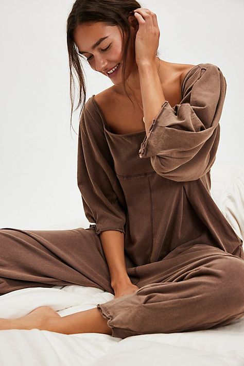 Step up your loungewear with this so stunning and comfy pleated jumpsuit featured in a soft style with a square neckline and volume half sleeves. * V-back * Slouchy silhouette * Cinched ankles * Reversible design | Lotta Love Romper by Intimately at Free People in Tan, Size: S Fall Rompers Women, Fall Romper Outfit, Elevated Loungewear, Lounge Sets For Women, Pleated Jumpsuit, Cute Lingerie, Romper Outfit, Free People Intimates, 2024 Fashion