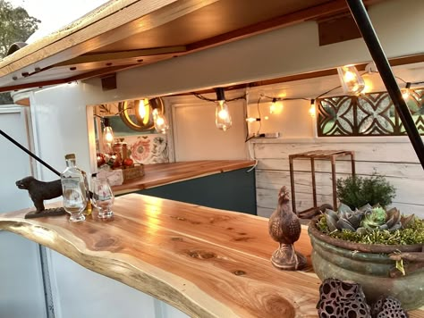 Campfire Trailers Vintage Camper Bar Interior, Turning A Horse Trailer Into A Bar, Horsetrailer Bar Interior, Vintage Camper Bar, Mobile Tiki Bar Trailer, Horse Trailer Bar Interior Ideas, Mobile Horse Trailer Bar Ideas, Horse Trailer Conversion Food Truck, Mobile Coffee Trailer Interior