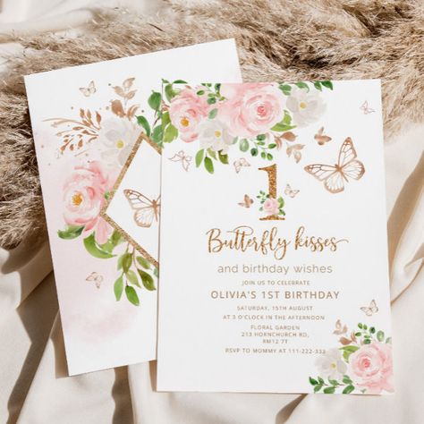 Butterfly Kisses Baby Shower Invitation Purple Butterfly Kisses And Birthday Wishes, Butterfly Baby Shower Invitations, Roses Watercolor, Baby Shower Girl, Little Butterfly, Butterfly Baby Shower, Blush Gold, Baby Invitations, Gold Baby Showers