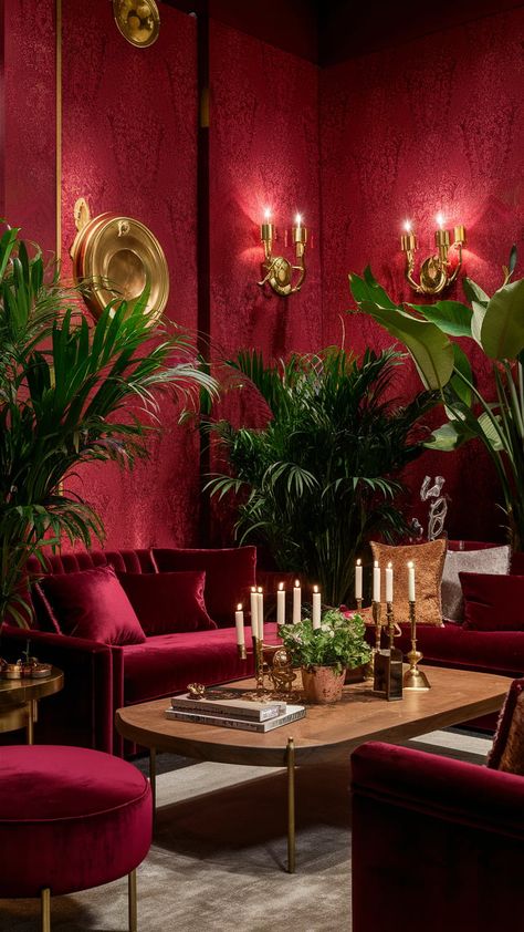 Green Velvet Lounge, Velvet Lounge Room, Burgundy Room, Red Interior Design, Sophisticated Living Room, Burgundy Living Room, Earthy Living Room, Stunning Interior Design, Living Room Red