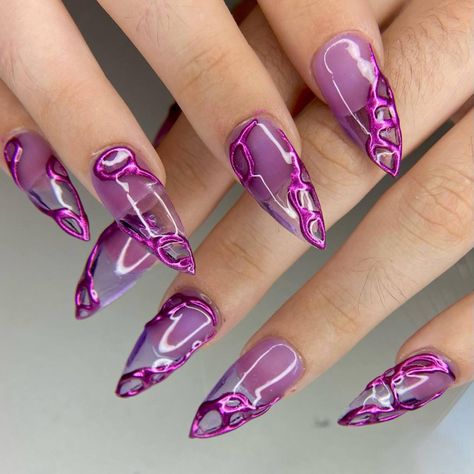 Purple Jelly Chrome Nails, Jelly Chrome Nails, Jelly Nail Ideas, Jelly Nail Designs, Chrome Nail Design, Purple Chrome Nails, Purple Chrome, Chrome Nail Polish, Jelly Nail