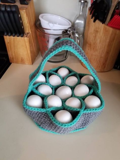 Bakers Dozen Egg Basket! Egg baskets are great for collecting eggs and storing fresh eggs on the counter. Each basket can hold 13 eggs nice and snug. The baskets are machine washable and dryable. These are custom ordered with any colors that you would like. Please put down your primary color and Homestead Sewing, Crochet Hen, Chicken Board, Crochet Egg, Collecting Eggs, Knitting & Crochet Tools, Crochet Blanket Designs, Step By Step Crochet, Crochet Tips