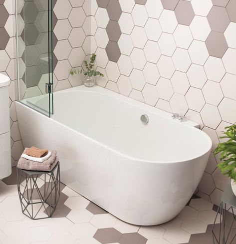 Creating a luxury confined bathroom space - Small Talk - KBN Small Bathroom With Bath, Bathroom Scandinavian, Bathroom Tub Shower Combo, Freestanding Bath With Shower, Hexagonal Tiles, Bathtub Shower Combo, Bath Screen, Shower Over Bath, Bathroom Tub Shower