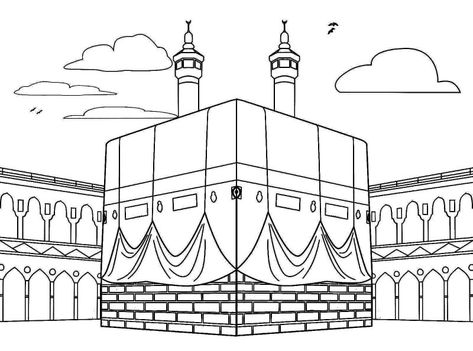 Islam Kaaba Coloring Page » Turkau Makka Madeena Drawing, Masjid Drawing, Ka Bah, Printable Islamic Art, Islamic Kids Activities, Embroidery Hoop Art Diy, Ramadan Kids, Shark Coloring Pages, Islamic Art Canvas