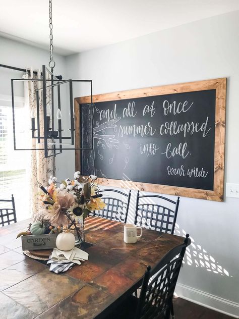 DIY Framed Chalkboard Wall Tutorial - A Hosting Home Framed Chalkboard Wall, Chalkboard Wall Kitchen, Kitchen Chalkboard, Chalk Wall, Diy Wand, Dining Room Wall Art, Diy Chalkboard, Framed Chalkboard, Chalkboard Wall