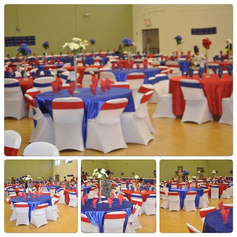 Red White And Royal Blue Party, Blue Graduation Decorations, Red White Blue Wedding, Patriotic Decorations Party, Eagle Scout Ceremony, Red Wedding Decorations, Military Ball, Blue Graduation, Graduation Ceremony