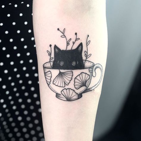 Joshua Burd on Instagram: “Teacup cat  #pdxtattoo #pdxart #portlandtattoo #portlandart #catart #cattattoo #cats #kittytattoo #cattoo #blackcat #felines #catsofinsta…” Henna Tattoo Designs Arm, Teacup Tattoo, Cup Tattoo, Coffee Tattoos, Quality Tattoo, Floral Tattoo Sleeve, Tattoo Machines, Tattoo Equipment, Tattoo Needles