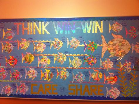 This is our November/December Leader in Me bulletin board. We read the Rainbow Fish and discussed how it showed "Think Win Win". Then they colored their own fish and we wrote what they could share with others on lamination bubbles. Leader In Me Bulletin Board, Read The Rainbow, 7 Habits Activities, Covey 7 Habits, November Bulletin Boards, The Rainbow Fish, Habits Of Mind, Seven Habits, 19 November