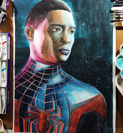 Fanart with watercolor sakura on Canson A3 Spider Man Ps5, Miles Morales, Spiderman, Paintings, Fan Art, Art