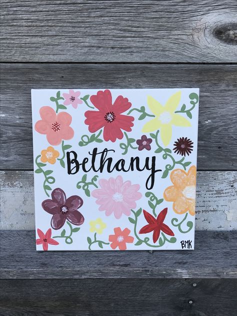 Custom name canvas || Bethany (example) flowery floral colorful flowers vines and roses | name painting canvas || Canvases for Christ BMK Canvas Name Painting Ideas, Name Canvas Painting Diy, Name Painting Ideas, Painted Name Canvas, Name Canvas Painting, Name Paintings, Baby Canvas, Flowers Vines, Flower Canvas Art