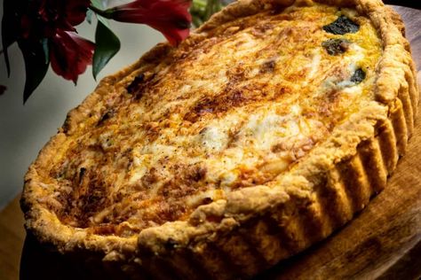 Roasted vegetable quiche with paprika pastry Vegetable Quiche, Creamy Eggs, Egg And Cheese, Roasted Vegetable, Pastry Crust, Cheese Eggs, Baked Beans, Roasted Vegetables, Recipe Cards