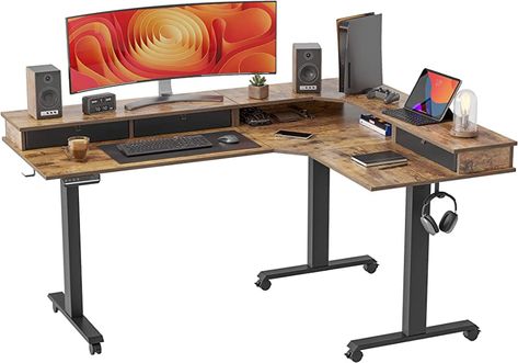 Amazon.com: FEZIBO Triple Motor 63" L Shaped Standing Desk with 3 Drawers, Electric Standing Desk Adjustable Height, Corner Stand up Desk with Splice Board - Rustic Brown : Office Products L Shaped Standing Desk, Standing Desk Adjustable, Desk Adjustable Height, Corner Standing Desk, Corner Stand, Desk Adjustable, Desktop Drawers, Electric Standing Desk, Computer Workstation