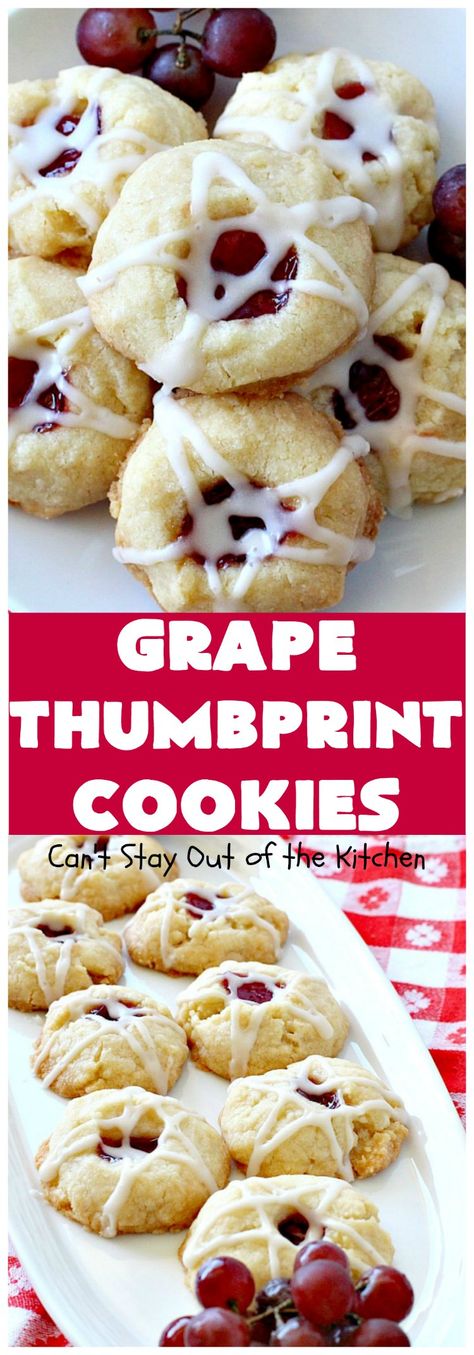 Thumbprint Cookies Christmas, Thumbprint Cookies With Icing, Cookies Thumbprint, Grape Dessert, Powdered Sugar Icing, Jam Thumbprint Cookies, Cookie Recipe Video, Cookie Icing Recipe, Jelly Desserts