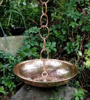 Rain Chain Basin, Copper Rain Chain, Copper Rain Chains, Bird Fountain, Cottage Vibes, How To Polish Copper, Aged Copper, Rain Chain, Copper And Brass