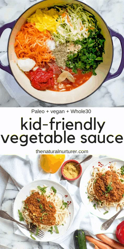 Are you looking for an easy way to get more veggies into your family's diet? Try this super easy, kid-approved Vegetable Sauce! Loaded with lots of different colorful veggies and made in 30 minutes! |vegetable recipes for kids | easy homemade sauce | healthy family dinner recipes #veggieloaded #whole30recipes #paleo #healthykids Easy Veggie Pasta, Veggie Pasta Sauce, Healthy Family Dinner Recipes, Vegetable Recipes For Kids, Healthy Family Dinner, Dinner Recipes Healthy Family, Hidden Vegetables, Healthy Family Dinners, Veggie Pasta