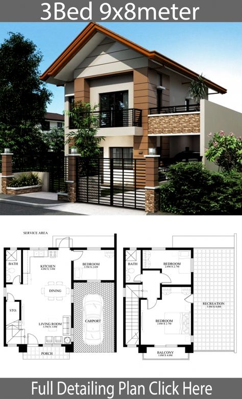 Home Design Plan 9x8m With 3 Bedrooms - Home Ideas #modernhomedesigns 729 Philippines House Design, Philippine Houses, Two Story House Design, 2 Storey House Design, Two Story House, Duplex House Plans, House Plan Gallery, House Construction Plan, Simple House Plans