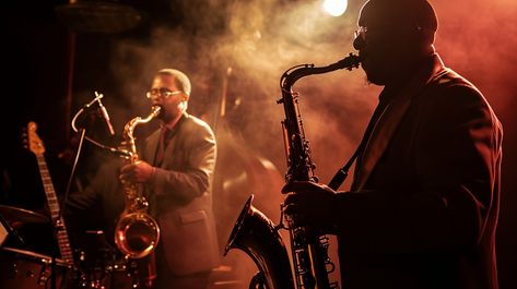 Jazz Night Concert: Silhouetted jazz musicians lost in the music, playing saxophones on a dimly lit stage with fervor. #jazz #concert #music #saxophone #performance #stage #musicians #silhouette #aiart #aiphoto #stockcake https://ayr.app/l/zSzx Late Night Jazz Aesthetic, Concert Illustration, Jazz Performance, Playing Saxophone, Jazz Night, Night Concert, Customer Profile, Jazz Concert, Acid Jazz