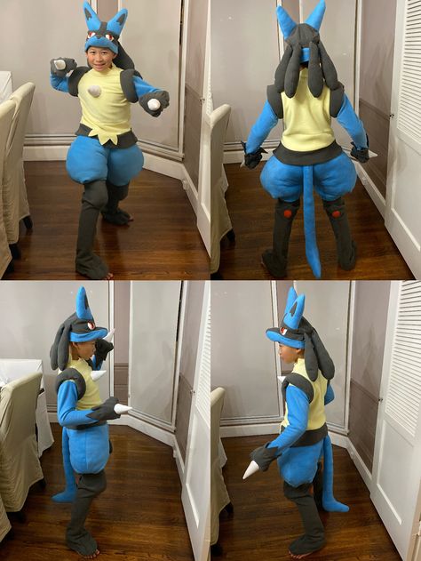 homemade Lucario Pokemon Halloween costume #lucariocostume #lucario Lucario Costume Diy, Pokémon Halloween Costume, Lucario Costume, Pokemon Baby Clothes, Pokemon Fursuit, Pokemon Costumes Diy, Pokemon Halloween Costume, Halloween Costumes For Family, Lucario Pokemon