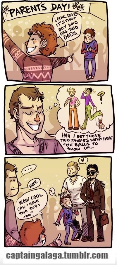 This one is an undercover ship. Steve Rogers x Tony Stark with Peter Parker as their son. If you don't know the fandom, you wouldn't notice it. Tony Stark Steve Rogers, Superfamily Avengers, Steve And Tony, Funny Marvel Memes, Online Comics, Slenderman, Dc Memes, Avengers Memes, Marvel Jokes