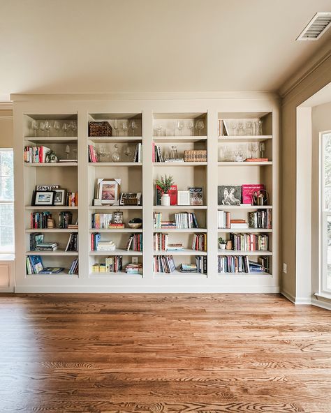 Off Center Windows, Homeschool Room, Library Wall, Builder Grade, Bookcase Wall, Wall Bookshelves, Diy Renovation, Detail Shots, Home Library