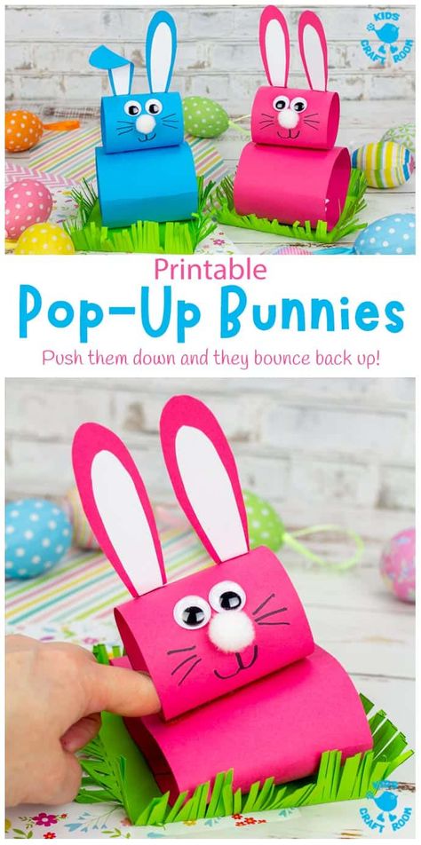 This Pop Up Bunny craft is so much fun for Easter or spring! The cute rabbits sit in their own little grassy field and when you push them down, they pop right back up! An interactive Easter craft for kids. #kidscraftroom #kidscrafts #easter #easterbunny #eastercrafts Rabbit Craft For Preschool, Make A Rabbit Craft, Rabbit Craft Kindergarten, Easter Crafts For 3rd Grade, Easter Craft For Elementary Students, Easy Bunny Craft, Rabbit Kindergarten Activities, Easy Easter Crafts For Kindergarten, Rabbit Preschool Craft