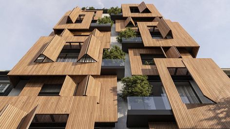 3 Storey Residential Building Design, Unique Facade Architecture, Unique House Facade, Architecture Wood Facade, Luxury Apartment Architecture, Residential Buildings Architecture, Architecture Studio Design Office, Wood Apartment Building, Unique Apartment Building