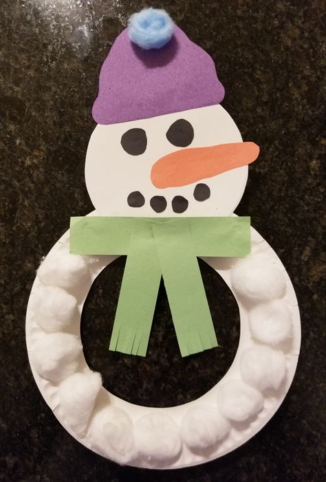 Preschool Snowman Hat, Paper Plate Snowman Craft, Paper Plate Snowman Wreath, Paper Plate Snowman Drawing Game, Snowman Paper Plate Craft, Christmas Paper Plate Crafts, Christmas Craft Paper Plate, Paper Plate Christmas Wreath, Snowman Paper Plate