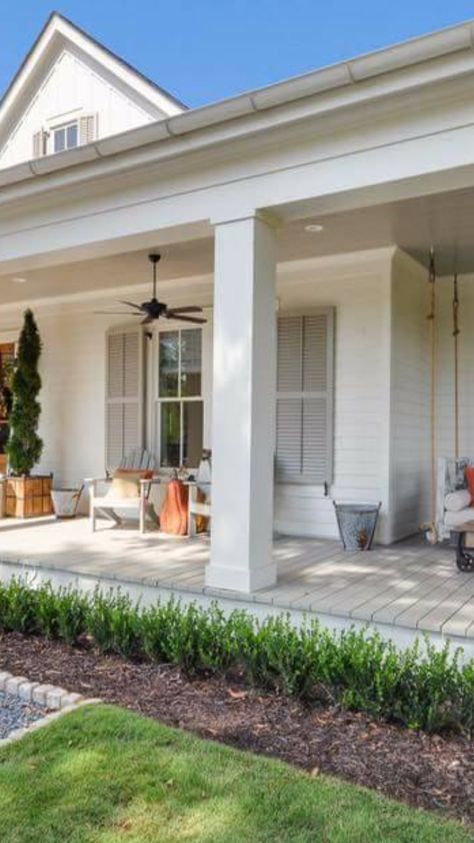 Front Porch With White Columns, Stucco Columns Porches, Front Porch Exposed Rafters, Small White House With Wrap Around Porch, White Farmhouse Rap Around Porch, White Square Porch Columns, 40s House, Freedom House, Exterior Home Renovation