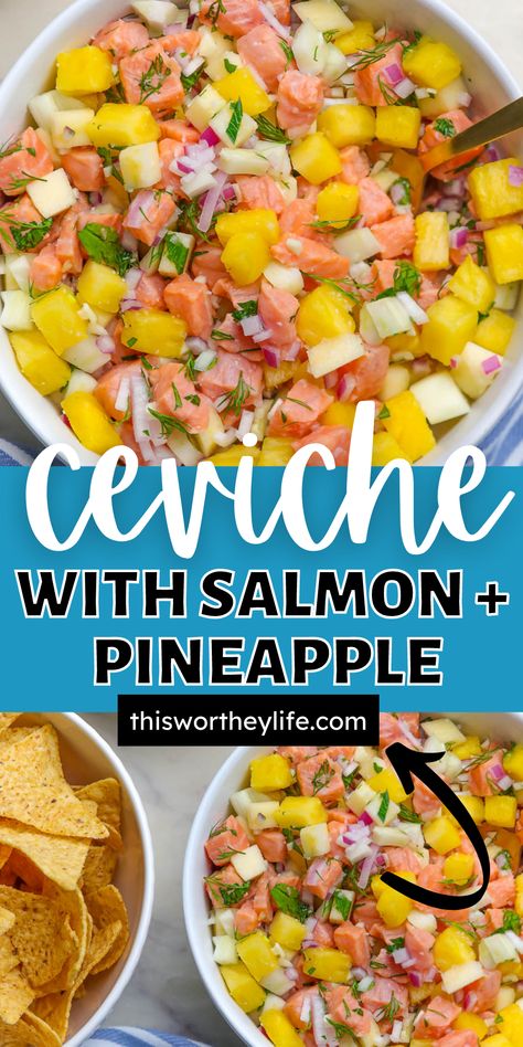 Pineapple Ceviche, Salmon And Pineapple, Salmon Pineapple, Salmon Ceviche, Cold Appetizer, Salmon Appetizer, Summer Savory, Ceviche Recipe, Light Appetizers