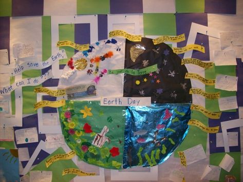 Spring Earth Day Bulletin Board --- used for Sunday school as "We care for God's World" board Earth Day Bulletin Board, Easter Bulletin Boards, Space Sky, Group Art Projects, Spring Bulletin, Preschool Bulletin, Chalk Talk, Preschool Bulletin Boards, Early Childhood Classrooms