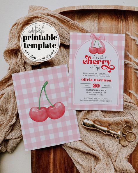 Celebrate with charm at your Cherry Baby Shower! Our Cherry-themed invitation template is the Berry Sweet Shower touch you need. With a Cherry Blossom theme, easily editable for a Coquette Invite, it includes Books for Baby and Diaper Raffle cards, making it the Cherry On Top for your Coquette Shower. Downloadable Evite for a hassle-free partyinvitation experience! Get ready to wow guests with this Berry First Invite – simply download, edit, and print! ✅ INSTANT ACCESS✅ EDIT ALL TEXT/FONT & FONT COLOR✅ PRINT AT HOME OR PROFESSIONALLY✅ DEMO 👉 https://www.corjl.com/d/195NBA 𝐖𝐇𝐀𝐓 𝐈𝐒 𝐈𝐍𝐂𝐋𝐔𝐃𝐄𝐃?• Baby Shower Invitation - 5x7''• Diaper Raffle - 5.5x4''• Books for Baby - 5.5x4''• Instructions Berry Sweet Baby Shower Invitations, Shes The Cherry On Top, Cherry Bday Theme, Little Sweetheart Baby Shower Theme, Our Little Cherry On Top Baby Shower Theme, Berry Party Theme, Cherry Themed Baby Shower Ideas, Soda Shop Decor, Cherry Baby Shower Theme