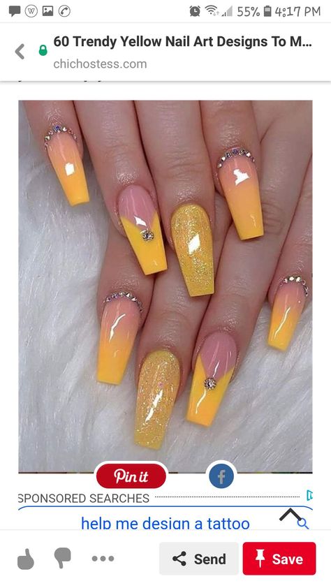 Almond Nail Art, Yellow Nail Art, Yellow Nails Design, Acrylic Coffin, Summer Acrylic Nails, Nail Designs Glitter, Acrylic Nail Art, Clear Nails, Yellow Nails