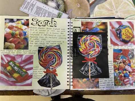 Food Art Gcse Sketchbook Pages, Gcse Art Sketchbook Artist Research Sarah Graham, Food Art Gcse, Sarah Graham Gcse Sketchbook, Igcse Arts, Sarah Graham Artist, Food Textiles, Gcse Portfolio, Textiles Book