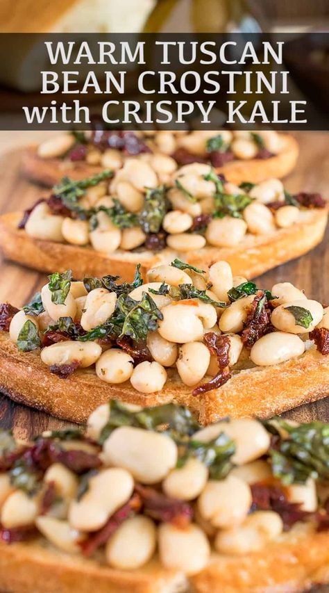 White Bean Crostini, Bean Bruschetta, Toasted Baguette Slices, Baguette Slices, Crispy Kale, Toasted Baguette, Crostini Recipes, Easy Mediterranean Diet Recipes, Vegan Beans