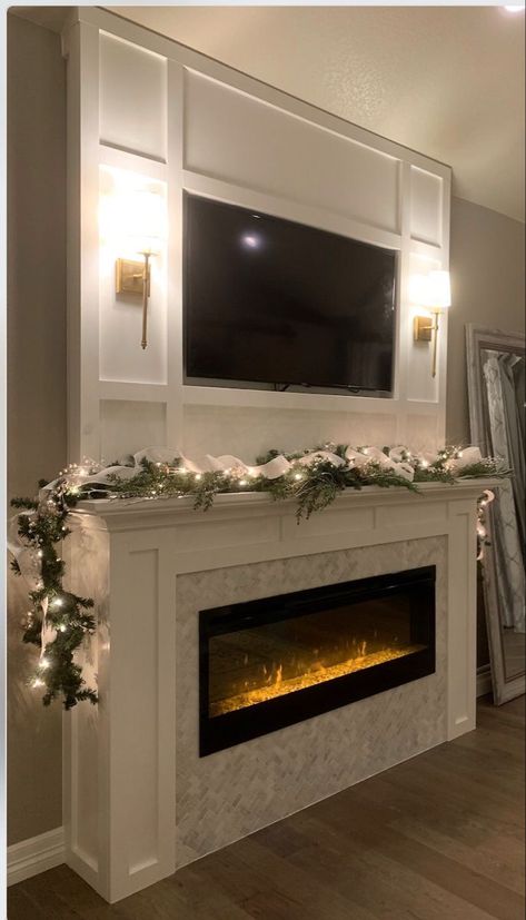 Bloxburg Basement, Built In Electric Fireplace, Lights For Christmas, Build A Fireplace, Finished Basement Ideas, Fireplace Tv Wall, Basement Living Rooms, Bar Basement, Fireplace Built Ins