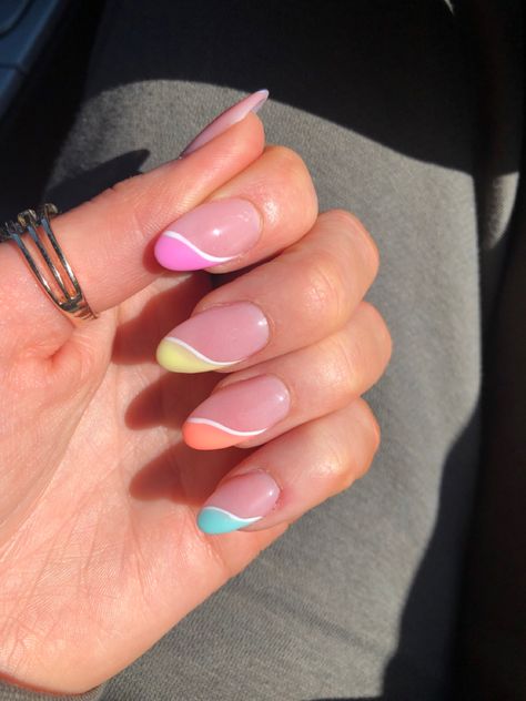 Colour Full French Tip Nails, Half Colour Nails, Different Colour French Tips, Colour French Tips Nails Acrylic, Colourful French Tip Nails, Vietnam Nails, Colourful French Tips, Gell Nails, White Summer Nails