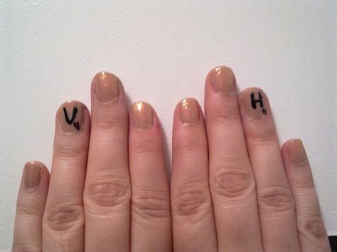 Scrabble letter tile inspired accent nail.  V for my first name and H for my husband's first name.  Both worth 4 pts each.  Woo!  ;) Scrabble Letters, Accent Nail, Accent Nails, First Name, First Names, Tile, Nail Art, Nails, Art