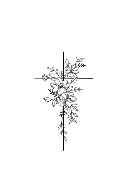 Cute Small Angel Tattoos, Cross Wildflower Tattoo, Cross With Floral Tattoo, Cross With Greenery Tattoo, Simple Cross With Flowers Tattoo, Spine Cross Tattoo, Delicate Cross Tattoo, Christian Forearm Tattoos For Women, Birth Flower Cross Tattoo