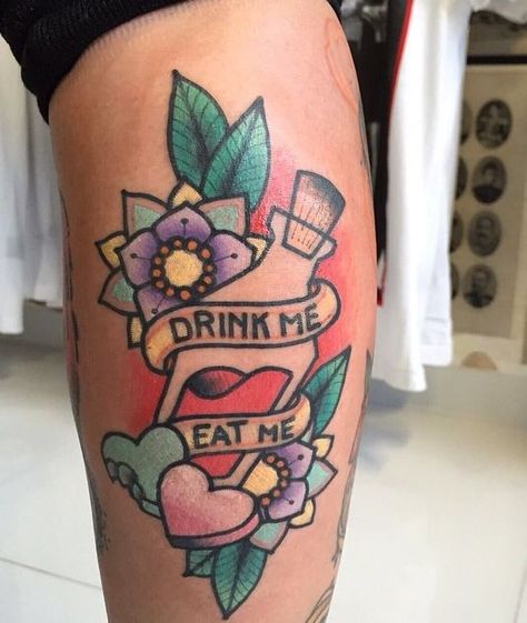 Eat Me Drink Me Tattoo, Drink Me Tattoo, Rockabilly Tattoos, Cover Up Tattoos For Men, Girly Tattoo, Me Tattoo, Ink Therapy, Eat Me Drink Me, Bottle Tattoo