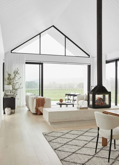 A White Modern Country Home In Bowral, NSW Modern Gable House, White Barn House, Modern Country Living Room, Bowral Nsw, Glass Entrance, Modern Country Home, Modern Country Living, Mission Style Homes, Cosy Fireplace