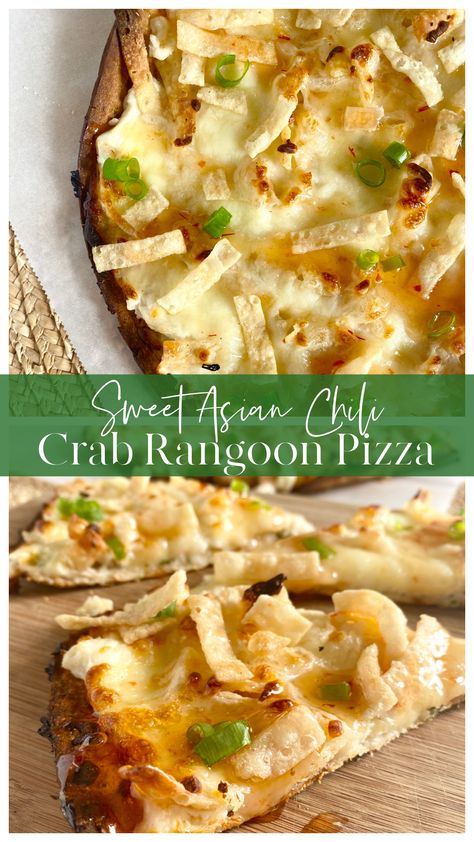 Sweet Asian Chili Crab Rangoon Pizza Crab Rangoon Pizza, Crab Rangoon Filling, Asian Chili, Asian Chili Sauce, Chili Crab, Ooni Pizza, Pizza Oven Recipes, Pizza Sandwich, Crab Rangoon